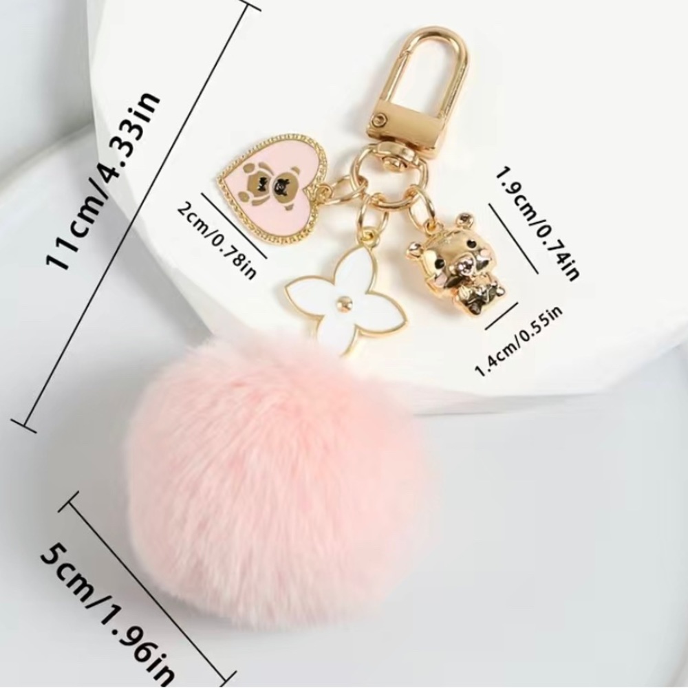 2pcs, Love Heart Bear Pom Pom Keychain/Bag Charm- 1black 1Pink - Picture 5 of 5